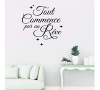 Tout commence par un rêve - Autocollant mural avec citation de motivation pour salon, chambre à coucher, chambre d'enfant, bureau ou chambre, décoration d'intérieur en vinyle - Noir 42 * 42 Cm