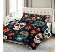 Toutes Saisons Couette 140 x 200 cm Halloween Jour Des Morts Crânes Fleurs Couette matelassée Luxueuse et Douce en Duvet et Plumes, Respirante Lavable en Machine, Hypoallergenique, Good Sleep Couleur