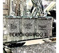 TOV® - Lot de 3 boîtes à thé, café et sucre - Remplies de cristaux argentés