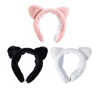 TOVINANNA 3pièces Bandeau Large Peluche Avec Oreilles De Chat Lot De Noir Blanc Rose Accessoires De Cheveux Pour Maquillage Soins Visage