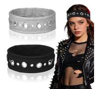 TOVINANNA Bandeaux Élastiques Punk Vintage à Œillets Creux, Lot de 2 en Noir et Gris Clair, Accessoires Cheveux Respirants pour Sports et Festivals de Musique