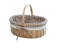 TOVINANNA Petit Panier de Pique- en Osier avec Poignée de Transport, Doublure à Carreaux Marron - Panier Ovale en Osier pour de Pâques, Le Rangement Du Pain Et Les Courses en Plein Air, 28 X 26 X 20