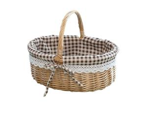 TOVINANNA Petit Panier de Pique- en Osier avec Poignée de Transport, Doublure à Carreaux Marron - Panier Ovale en Osier pour de Pâques, Le Rangement Du Pain Et Les Courses en Plein Air, 28 X 26 X 20