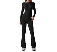 TOWARDSNAN Combinaison avec dos ouvert et manches longues, body pleine longueur, barboteuse colorée pour femme, combinaison de fitness tendance, Noir , M