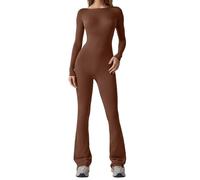 TOWARDSNAN Combinaison avec dos ouvert et manches longues, body pleine longueur, barboteuse colorée pour femme, combinaison de fitness tendance, marron, S