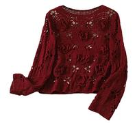 TOWARDSNAN Femmes Mode Creux Crochet Tricot Pull Crop Top Manches Longues Fleur 3D Coupe Ample Pull Coverup Chemise Coton Femme Tricot, fuchsia, taille unique