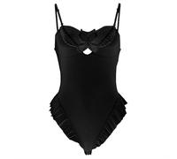 TOWARDSNAN Justaucorps sans manches à volants pour femme - Barboteuse extensible en maille transparente - Justaucorps en maille transparente, Noir , L