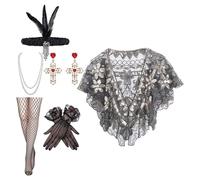 TOWARDSNAN Lot de 6 accessoires de tenue de soirée années 20 pour femme avec châle et charleston classique, noir/doré, taille unique