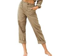 TOWARDSNAN Pantalon long en coton et lin avec boutons sur le devant pour femme, coupe ample, léger, droit, avec poches, pantalon en coton et lin pour femme, coupe ample et décontractée, kaki, XL