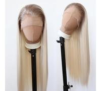 Towarm Perruque blonde foncée longue et raide ombrée blond cendré avec dentelle frontale - Cheveux naturels pré-épilés pour femme - Fibre résistante à la chaleur - Cosplay - Usage quotidien (blond