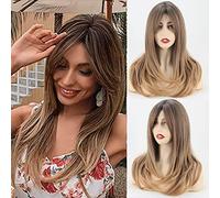 Towarm Perruques marron ombré avec frange pour femme, longueur épaule avec couche, racines foncées, résistantes à la chaleur, perruques synthétiques courtes ondulées avec frange (R4/10B/22)