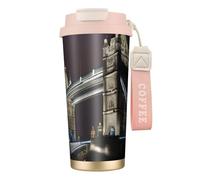 Tower Bridge in London Bouteille d'eau avec couvercle à paille en acier inoxydable, large goulot isolé, anti-fuite, pour femme, rose