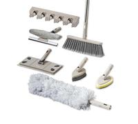 Tower Cavaletto T869002MSH Kit de nettoyage et de rangement 8 pièces avec poignée en trois parties, tête de balai plate, tête de balai, plumeau en microfibre, fenêtre, carrelage, brosse à récurer et