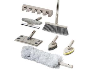 Tower Cavaletto T869002MSH Kit de nettoyage et de rangement 8 pièces avec poignée en trois parties, tête de balai plate, tête de balai, plumeau en microfibre, fenêtre, carrelage, brosse à récurer et