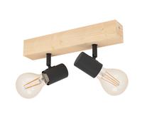 Eglo Lampe de plafond TOWNSHEND 3, 2 flammes spot de plafond vintage au design industriel, lampe rétro en acier et en bois, noir, marron, douille E27, certifié FSC