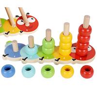 TOWO Baby Anneaux d'empilage en Bois - Jeu de comptage de chenilles - Puzzle de tri de Couleurs - Empileur de 5 Chevilles - Jouets d'apprentissage précoce Montessori pour Cadeau de Fille de 1 an