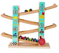 TOWO Circuit Rampe de Course - Glissière Zigzag avec 4 Voitures en Bois, Jouet pour Garçons et Filles de 1 à 4 Ans