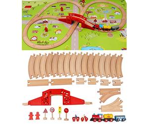 TOWO Circuit Train en Bois, Voie ferrée avec Plan de Ville