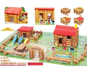 TOWO Ferme en bois avec animaux, cabane en rondins 207 pièces | Jeu de construction en bois avec ferme, animaux et figurines; 207 pièces pour bâtir une cabane dès 3 ans.