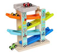 TOWO Rampe Voiture en Bois, Circuit Zigzag avec Parking et 4 Voitures | Circuit rampe voiture avec parking sur le toit et 4 voitures en bois; jeu de course pour garçons et filles, 1-4 ans.