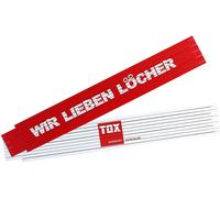 TOX Mètre pliant 2m en rouge/blanc - Mètre pliant avec impression Nous aimons les trous - Mètre pliant en bois de hêtre avec fonction de mesure d'angle et chiffres décimaux colorés - 9969001-1 pièce