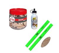 TOX Set biscuits bois P20 (60 pcs), biscuits hêtre robustes pour assemblages fiables, avec 2 crayons verts et colle bois, idéal projets meubles, menuiserie, rénovations, 015909007