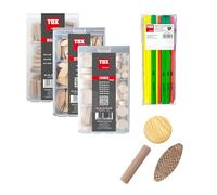 TOX Set bois 384 pcs, assortiment complet avec chevilles, biscuits, pastilles + crayons néon, kit idéal pour assemblages bois, meubles, menuiserie et atelier DIY, 094909175