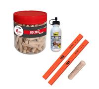 TOX Set chevilles bois Boltfix 6/30 en hêtre (250 pcs), 2 crayons charpentier orange, colle bois, kit pour meubles et assemblages solides, 015909001