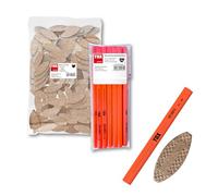 TOX Set XL biscuits bois P0 (250 pcs), grande quantité pour liaisons bois fortes, avec 12 crayons charpentier orange, idéal pour projets fréquents, meubles, menuiserie et atelier, 015909012