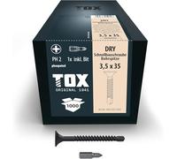 TOX Vis à fixation rapide DRY BS 3,5 x 35 mm, vis phosphatées noires avec filetage fin + pointe de perçage, plaque de plâtre sur ossature métallique, PH2, 1000 pièces, y compris 1xembout, 142553213535