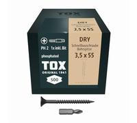 TOX Vis à fixation rapide DRY BS 3,5 x 55 mm, vis noires phosphatées avec filetage fin + pointe de perçage, plaque de plâtre sur ossature métallique, PH2, 500 pièces, 1x embout inclus, 142553213555