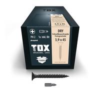 TOX Vis à fixation rapide DRY FG 3,9 x 45 mm, vis phosphatées noires avec tête en trompette + filetage fin, plaque de plâtre sur ossature métallique, PH2, 1000 pcs, y compris 1x embout, 142453213945
