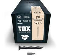 TOX Vis à fixation rapide DRY FG 4,2 x 75 mm, vis phosphatées noires avec tête en trompette + filetage fin, plaque de plâtre sur ossature métallique, PH2, 500 pièces, y compris 1x embout, 142453214275
