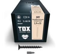 TOX Vis à fixation rapide DRY GG 3,9 x 35mm, vis noir phosphaté avec tête en trompette + filetage grossier, plaque de plâtre sur sous-construction en bois, PH2, 1000pcs,compris 1x embout, 142353213935