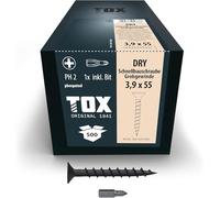 TOX Vis à fixation rapide DRY GG 3,9 x 55 mm, vis phosphatées avec tête en trompette + filetage grossier, plaque de plâtre sur sous-construction en bois, PH2, 500pcs, 1x embout inclus, 142353213955