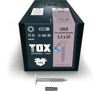 TOX Vis COLR 5,5 x 35 mm, vis pour plaques de façade en acier inoxydable A4 avec tête plate colorée, résistantes à la corrosion et aux UV, 100 pièces dans un carton, 1x embout inclus, 113087415535/W