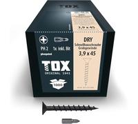 TOX Vis DRY GG 3,9 x 45 mm, vis phosphatées noires avec tête en trompette + filetage grossier, plaque de plâtre sur sous-construction en bois, PH2, 1000 pièces, y compris 1x embout, 142353213945
