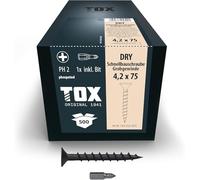TOX Vis DRY GG 4,2 x 75 mm, vis phosphatées noires avec tête en trompette + filetage à pas grossier, plaque de plâtre sur sous-construction en bois, PH2, 500 pièces, 1x embout inclus, 142353214275
