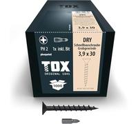 TOX Vis pour cloisons sèches DRY GG 3,9 x 30 mm, vis phosphatées noires à tête trompette + gros filetage, plaques de plâtre sur structure en bois, PH2, 1000 pièces, incl. 1x astuce, 142353213930