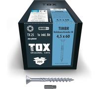 TOX Vis TIMBR SK 4,5 x 60 mm, zinguées bleues à tête fraisée, TX25, vis pour vissage léger et montages à fleur dans la construction en bois, 200 pièces dans un carton, 1x embout inclus, 112040414560