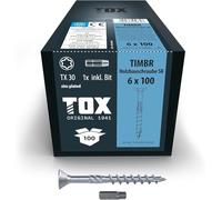 TOX Vis TIMBR SK 6,0 x 100 mm, zinguées bleues à tête fraisée, TX30, vis pour vissage léger et montages à fleur dans la construction en bois, 100 pièces dans un carton, 1x embout inclus, 1120404160100