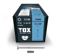TOX Vis TIMBR TK 8,0 x 120 mm, zinguées bleues avec tête plate, TX40, vis pour un vissage facile et une capacité de charge élevée dans la construction en bois, 50 pcs, 1x embout inclus, 1120804180120