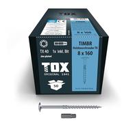 TOX Vis TIMBR TK 8,0 x 160 mm, zinguées bleues avec tête plate, TX40, vis pour un vissage facile et une capacité de charge élevée dans la construction en bois, 50 pcs, 1x embout inclus, 1120804180160
