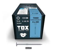 TOX Vis TIMBR TK 8,0 x 200 mm, zinguées bleues avec tête plate, TX40, vis pour un vissage facile et une capacité de charge élevée dans la construction en bois, 50 pcs, 1x embout inclus, 1120804180200