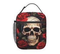 TOXOCMDKLE Sac à déjeuner isotherme portable avec motif tête de mort, rose et rouge, sac fourre-tout pour femme, homme, travail, pique-nique, voyage
