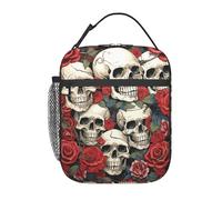 TOXOCMDKLE Sac à déjeuner isotherme portable avec tête de mort et roses, sac fourre-tout pour femme, homme, travail, pique-nique, voyage