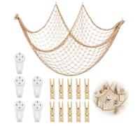 Toxvanne 1 Filet de Pêche, Déco Blanc Coton avec 10 Pinces Bois 5 Clous Invisibles, pour Mur Déco Marine Plage Fête Chambre Salon Maison Décoration Murale Nautique