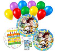 Toy Story Lot de 2 ballons d'anniversaire décoratifs Disney avec autocollants Woody et Buzz l'Éclair et plus | Décorations de ballons Toy Story pour fêtes