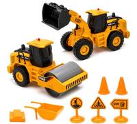 TOYABI Engins de Chantier Jouet, 2 Véhicules avec Chargeuse et Compacteur