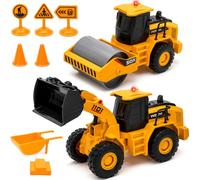 TOYABI Engins de Chantier Jouet, 2 Véhicules avec Chargeuse et Compacteur | Rouleau Compresseur, Son et Lumière, Moteur à Friction, 6 Accessoires de Chantier, Camion Jouet pour Enfants de 3 à 12 Ans